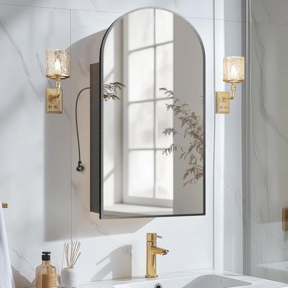 Black Arched Medicine Cabinet with Mirror, Wall-Mounted Mirror Cabinet with Storage, Bathroom Vanity Mirror with Charging Station, 2 Power Outlets, Mirrored Cabinet with Adjustable Shelf, 20X34 Inch