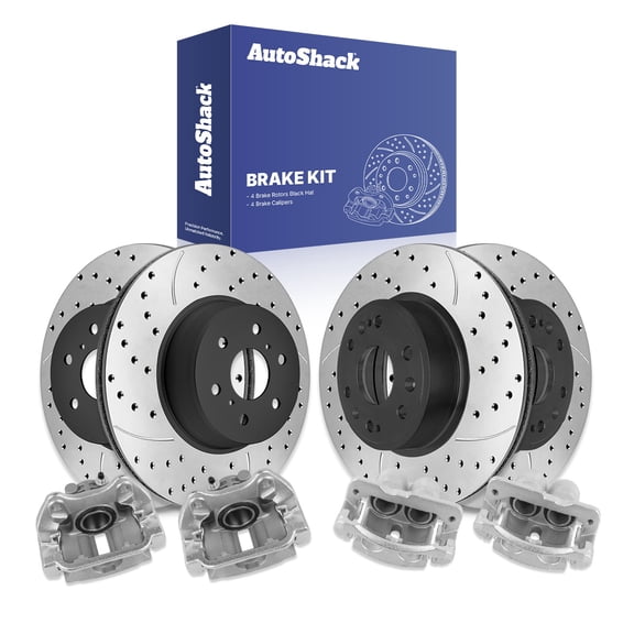 AutoShack Front & Rear Brake Rotors & Calipers for GMC, Sierra 1500 Classic 2007, AWD V8 6.0L - E-Coated Drilled & Slotted - ShadowGuard