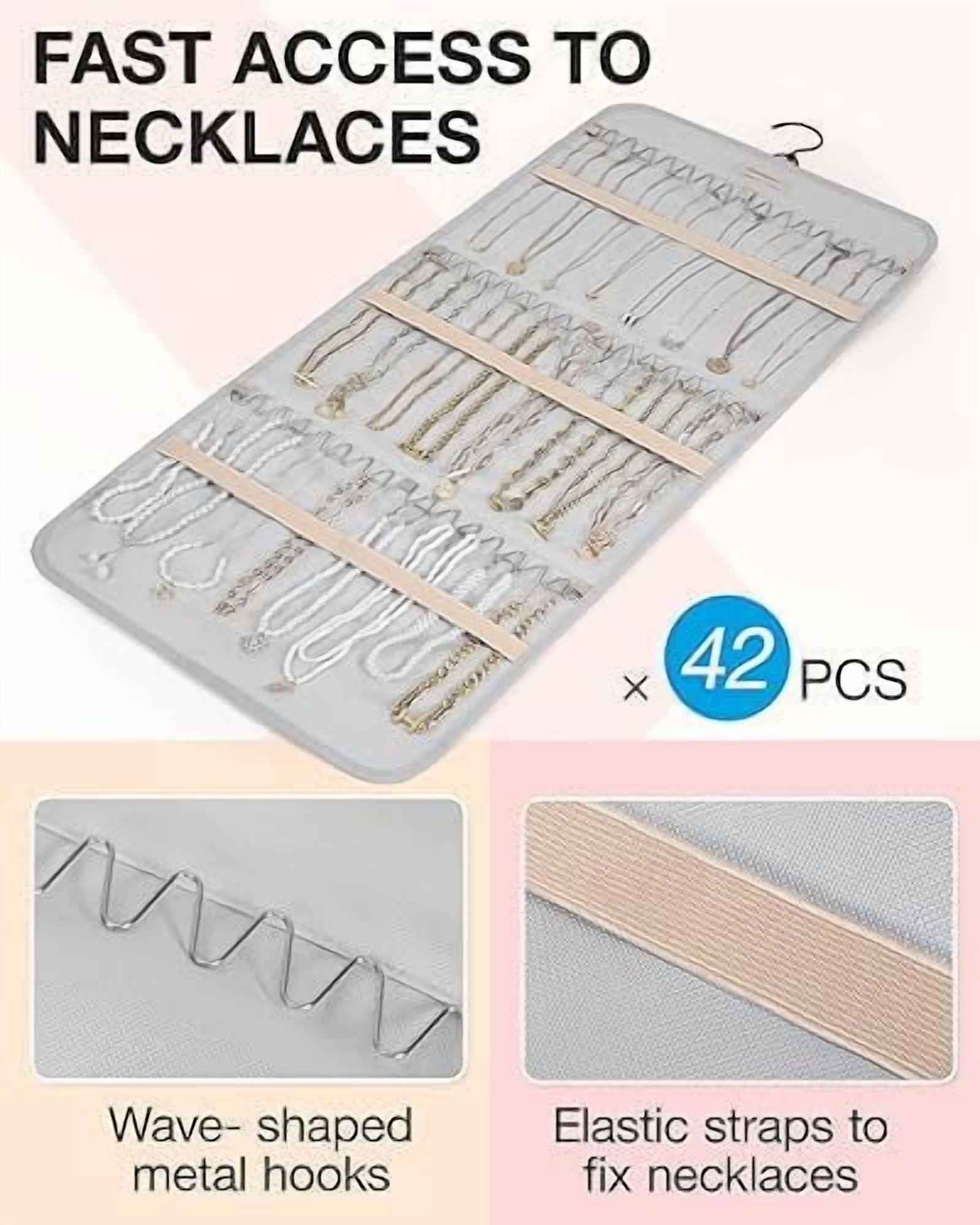 Hanging Jewelry Organizer Storage Roll with Hanger Metal Hooks Double-Sided Jewelry Holder for Earrings, Necklaces, Rings on Closet, Wall, Door, 1 piece, Large, Grey