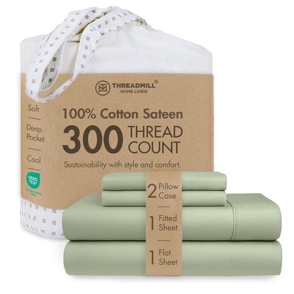 Threadmill Cotton Queen Sheet Set | 100% Cotton Sheets for Queen Size Bed | Solid Sateen Queen Bed Sheets Set with 16” Deep