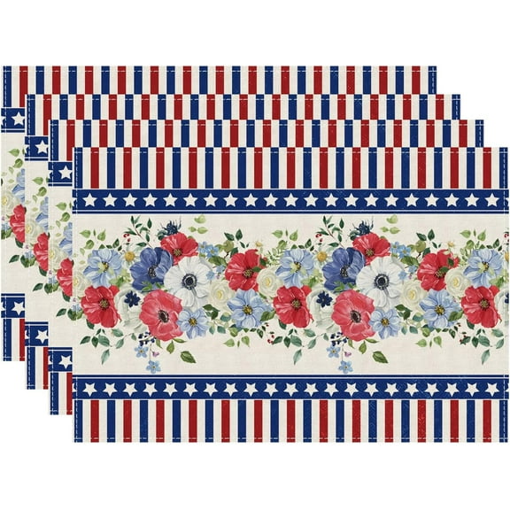 4th of July Placemats Set of 4 Stripe Flowers Memorial Day Independence Day Stars Patriotic America Table Decorations 12x18 Inch Cloth Table Mats