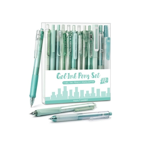 Four Candies 12Pack Pastel Gel Ink Pen Set, 11 Pack Black Ink Pens with 1Pack Highlighter (Green)