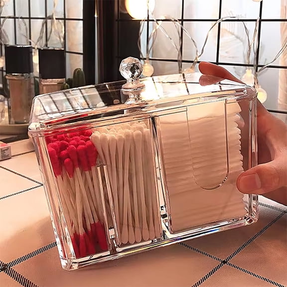 Transparent Acrylic Cotton Storage Box Cotton Swab Holder Dustproof Cosmetic Organizer for Desktop Vanity Bathroom