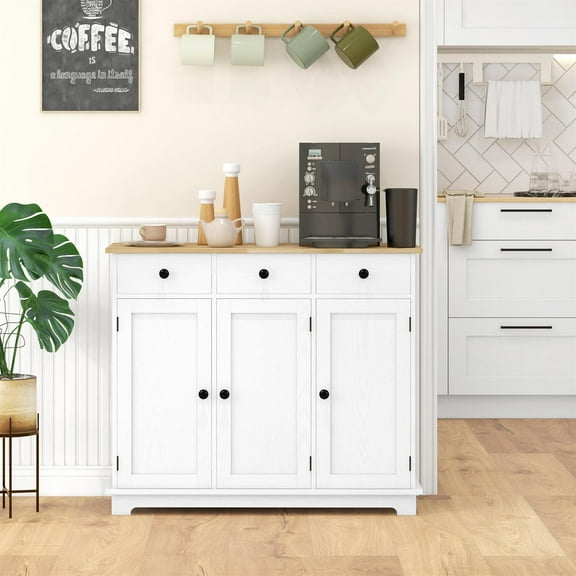 Demi Bonn 39" Kitchen Storage Cabinet, Sideboard Floor Cupboard with Solid Wood Top, Adjustable Shelf and 3 Drawers for Dining Room, White
