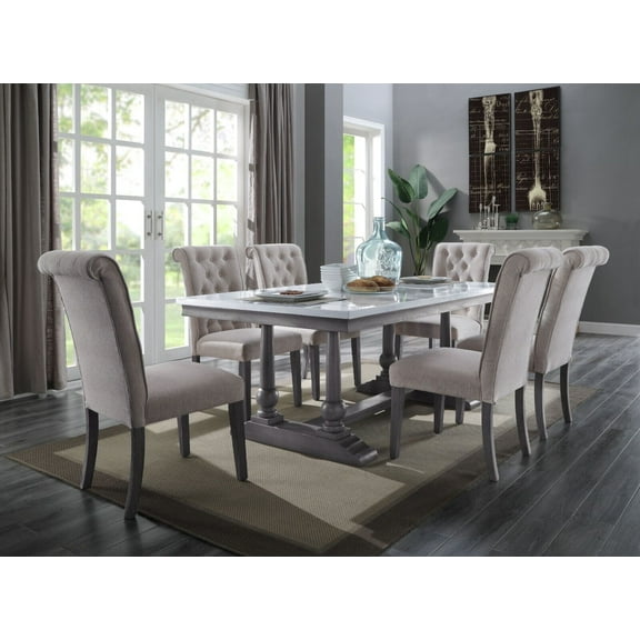 Classic Style Traditional Dining 7pc Set Faux Marble Table Top Button-Tufted 6 Side Chairs Wooden Furniture