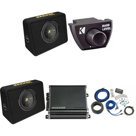 Kicker (2) 10 Inch Comp Truck Bass Package 50TCWC104 with 46CXA8001, Bass Knob and amp wire kit