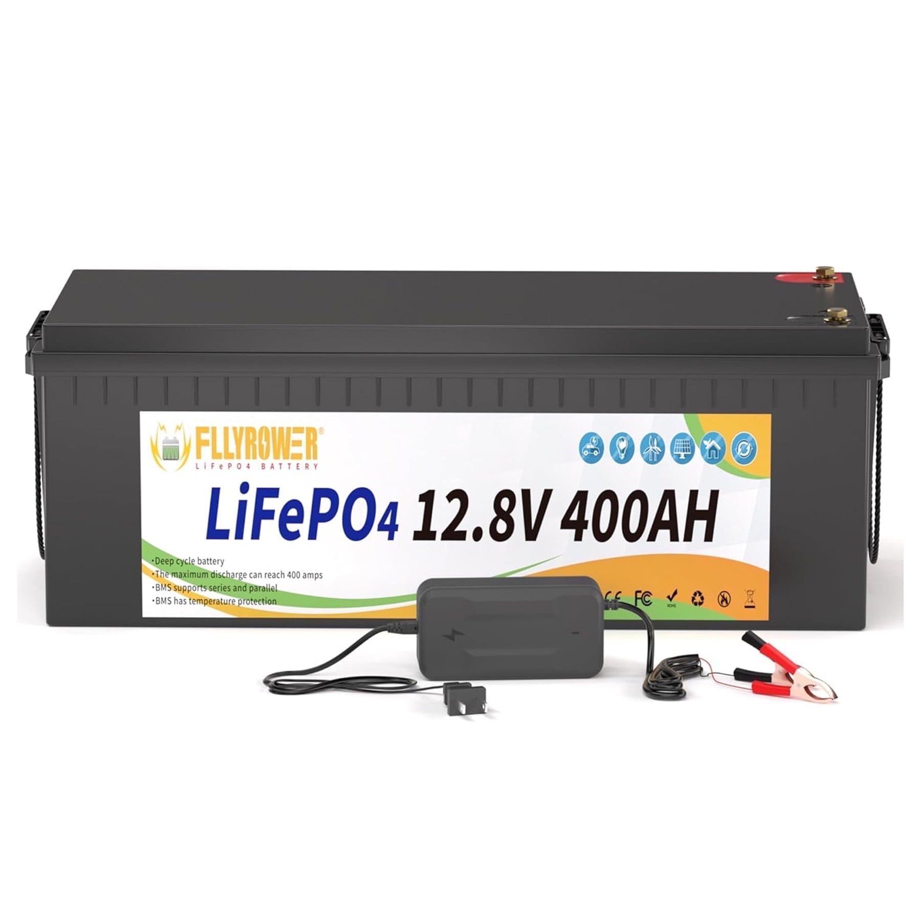 12V 400Ah Golf Carts LiFePO4 Battery with Charger,Built in 200A BMS,FLLYROWER for RV,Marine,Trolling Motor,Solar System,16000+ Deep Cycles & 10 Years Lifetime
