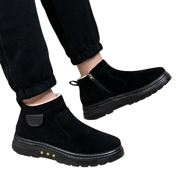 Men's Suede Non Slip Ankle Boots Winter Warm Non Slip Snow Booties Faux Furry Lined High Top Walking Shoes Black Size 9.5