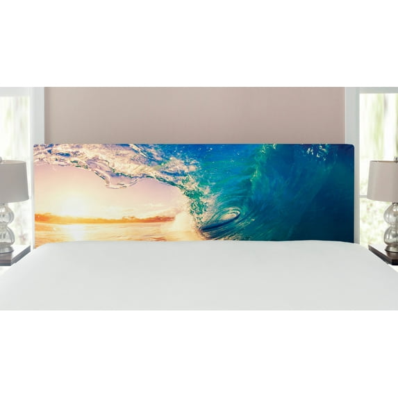 Ocean Headboard, Ocean Wave at Sunrise Reflection on Surface Tropical Trees Shoreline Summer Picture, Upholstered Decorative Metal Bed Headboard with Memory Foam, King Size, Teal Yellow, by Ambesonne