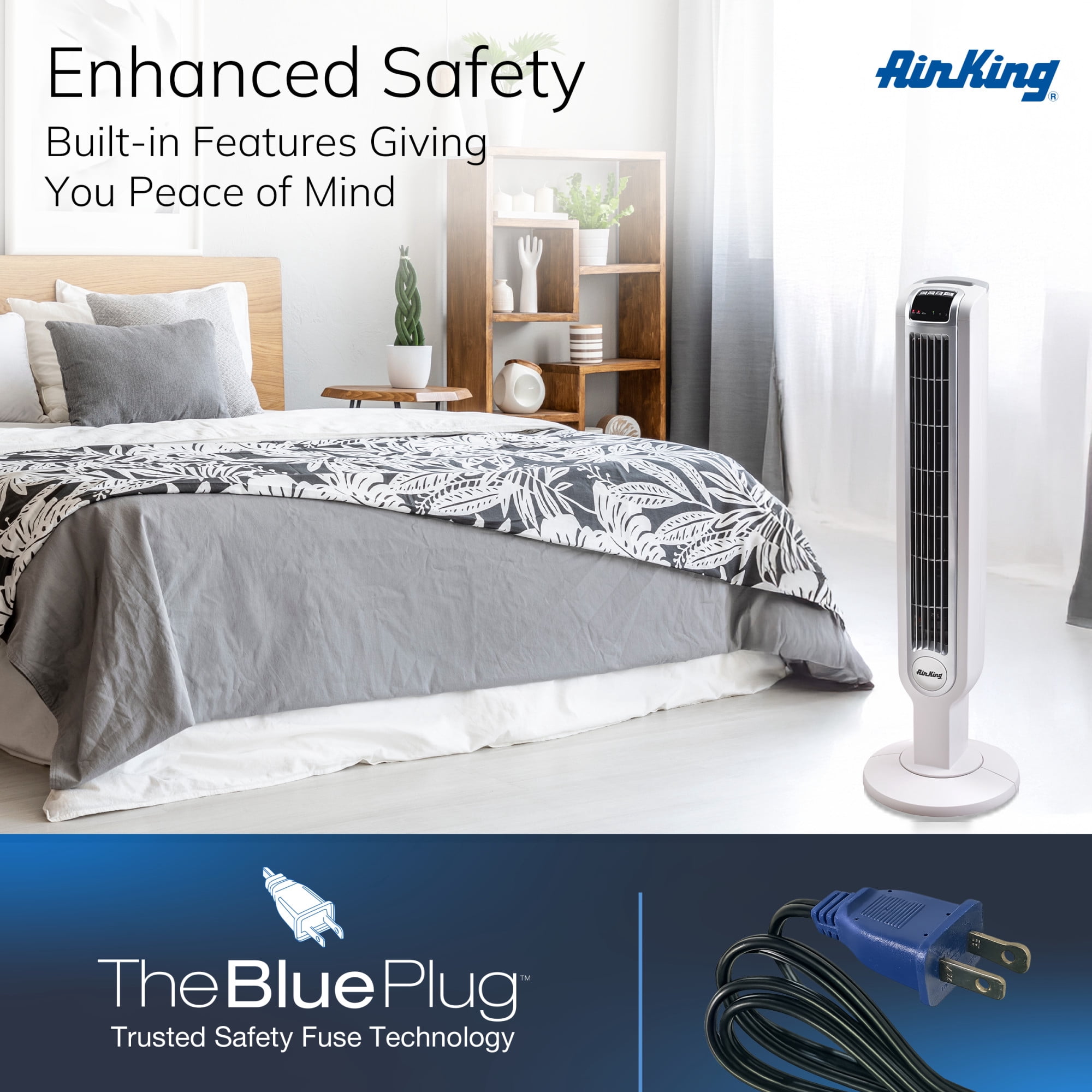 Air King 36" 3-Speed Oscillating Remote Control Tower Fan with Grounded 3-Prong Plug, White 9210
