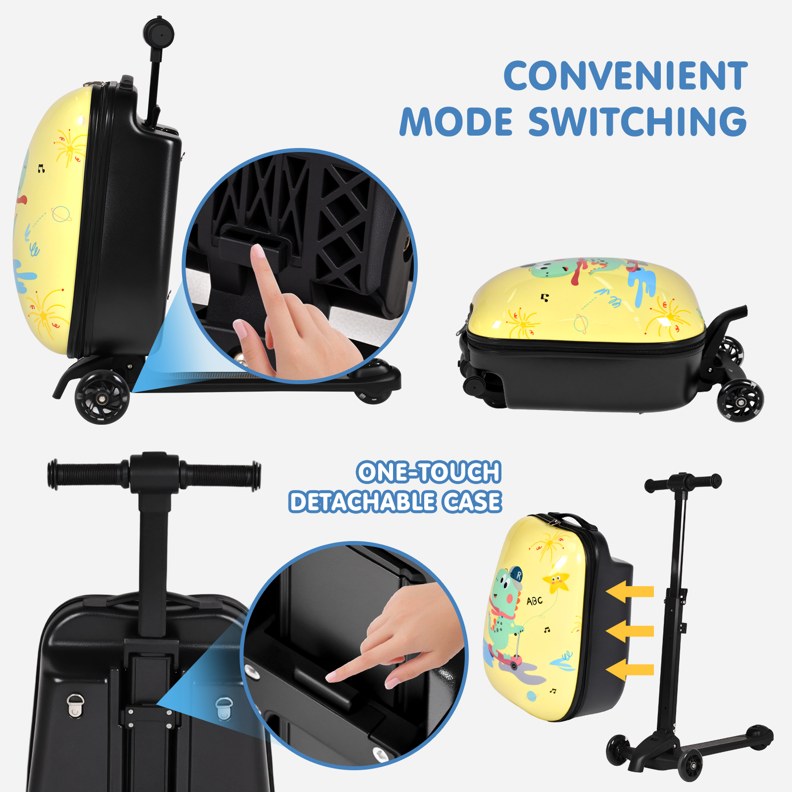 Kids Scooter Suitcase with LED Wheels, Foldable Detachable Ride-On Travel Luggage, Yellow