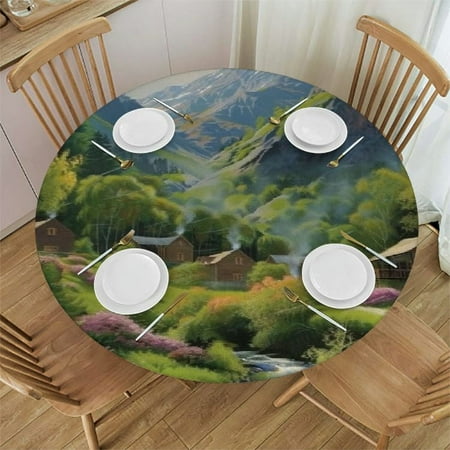 

BCIIG Mountain Village Stream Cabin Round Table Cover Stain Resistant Washable Indoor Outdoor Tablecloth Kitchen Dining Wedding Parties Elastic Edge 100% Polyester Fiber 46-50