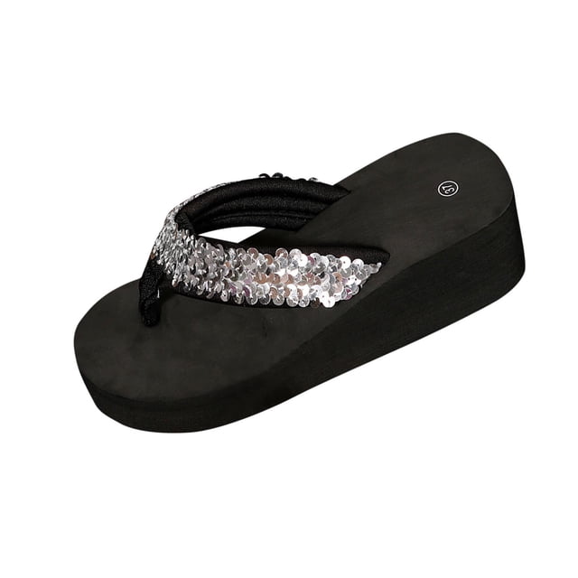 HomeGardon Flip-Flops Sandals Womens Summer Orthopedic Wedge Heel Flops with Sequin Comfortable Open Toe Beach Vacation