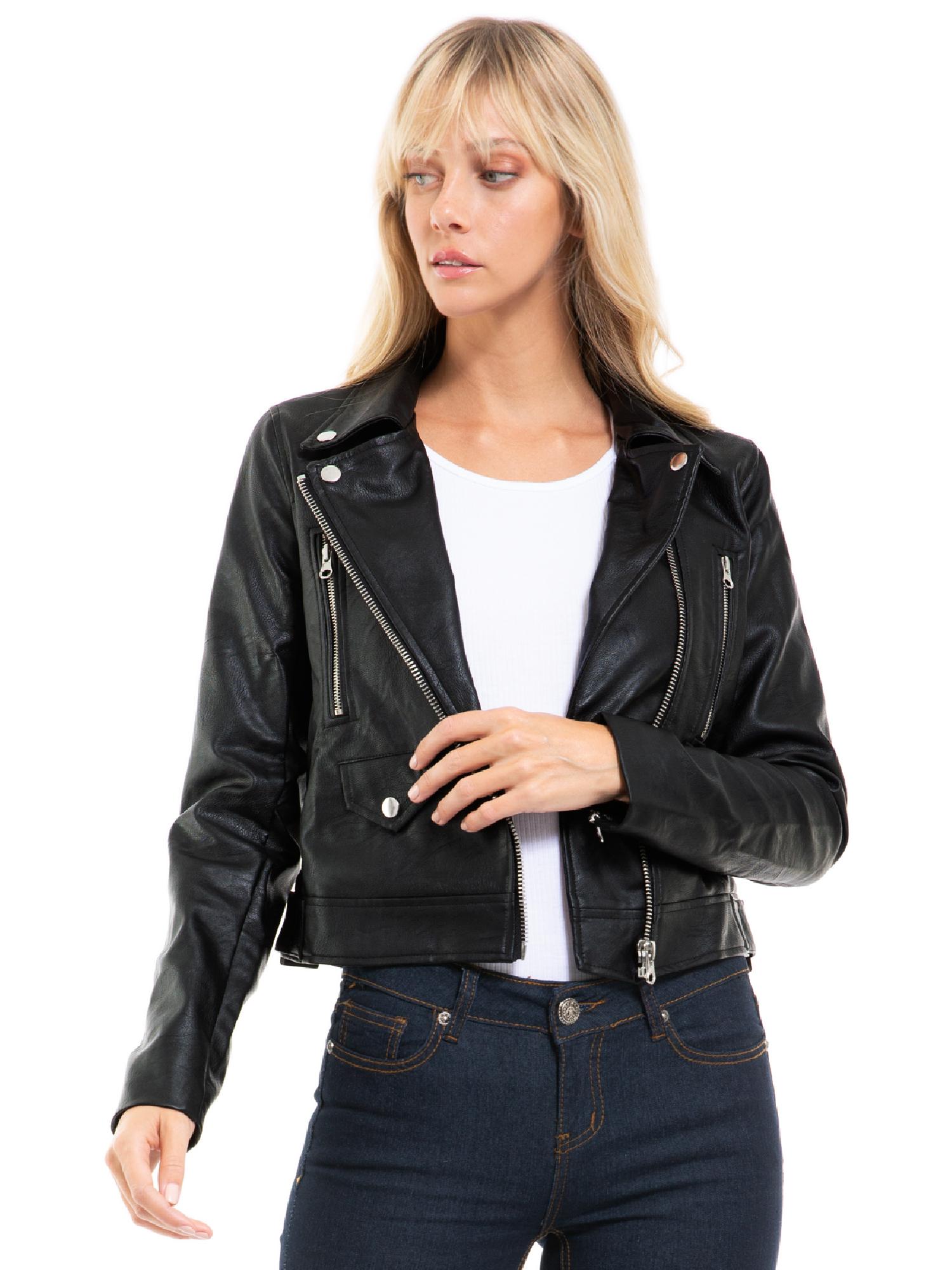 Made by Olivia Women's Long Sleeve Zipper Closure Moto Biker Faux ...