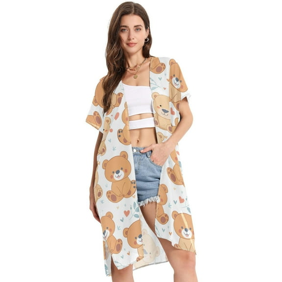 Beach Vacation Clothes Kimono Cardigan Loose Swimsuit Cover Up for Women Cute Teddy Bears S