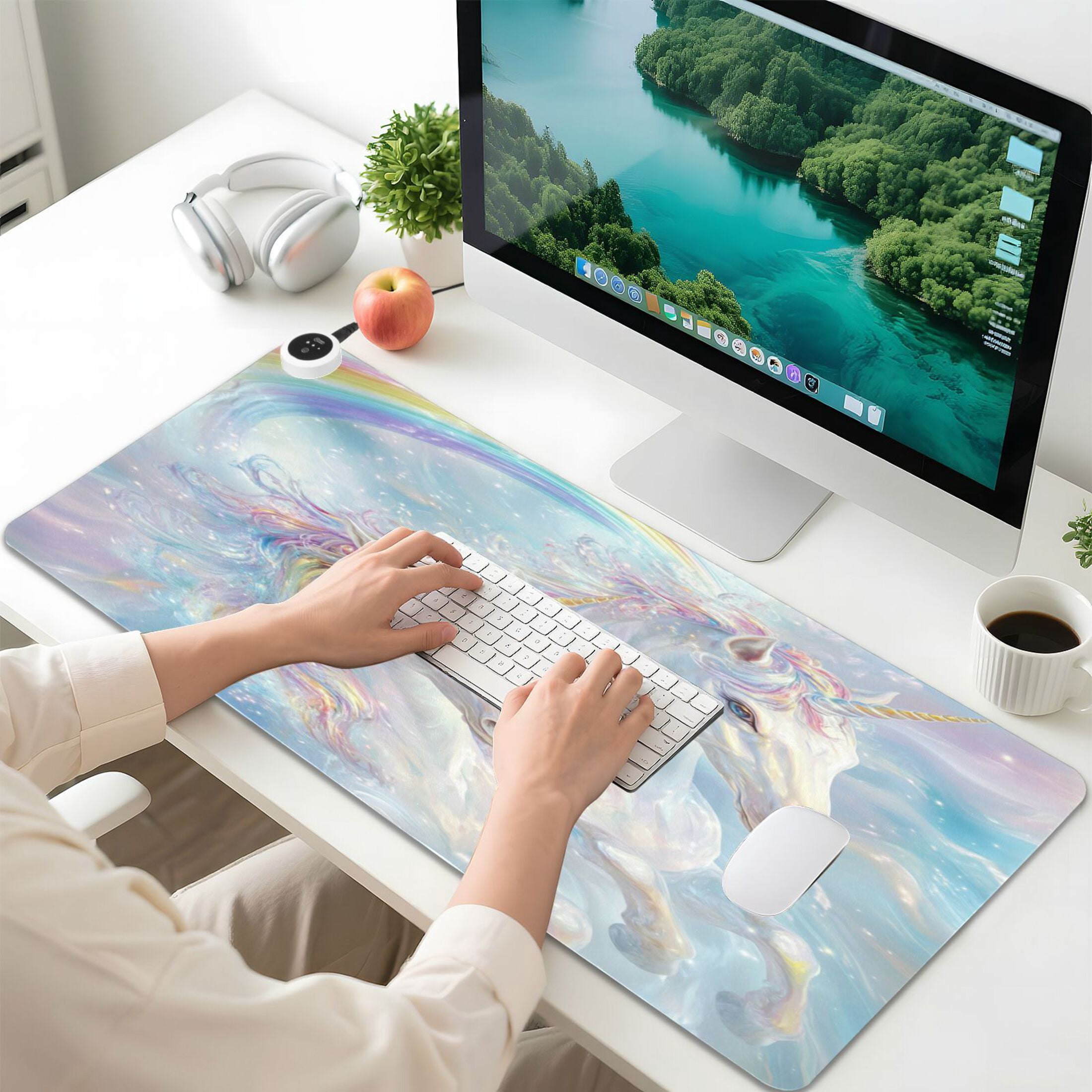 Wobogo Rainbow Unicorns Heated Mouse Pad Extra-Large Desk Mat With 3 Heating Levels and 3-hour Auto Shut-Off Protection Ideal for Computer Keyboards Home Office Hand-warming Essential 31.5in × 13in