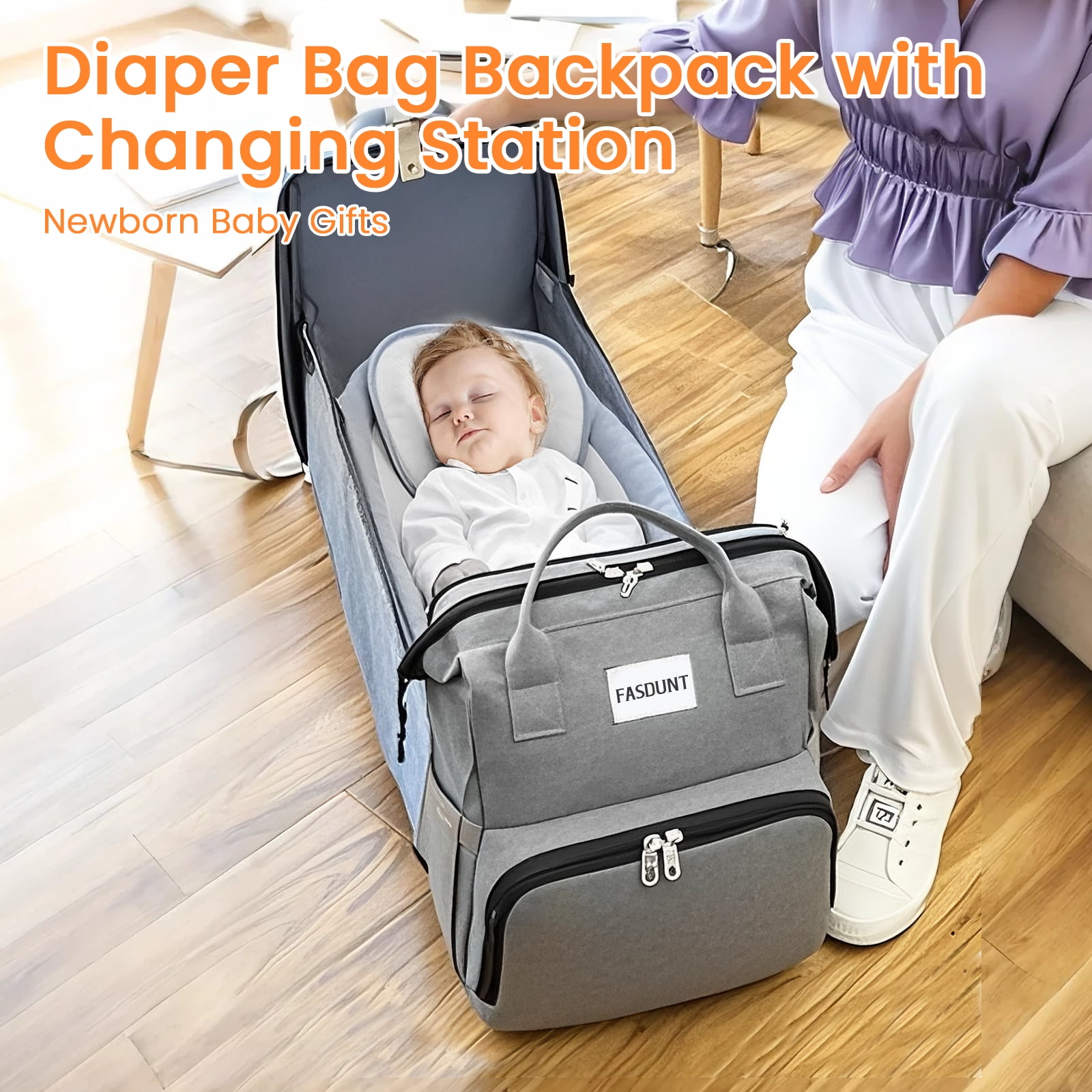 Diaper Bag Backpack with Changing Station, Baby Diaper Bag Backpack with Portable Crib, Large Capacity Diaper Backpack with Insulated Bottle Pockets & Stroller Straps for Mom Dad, Gray