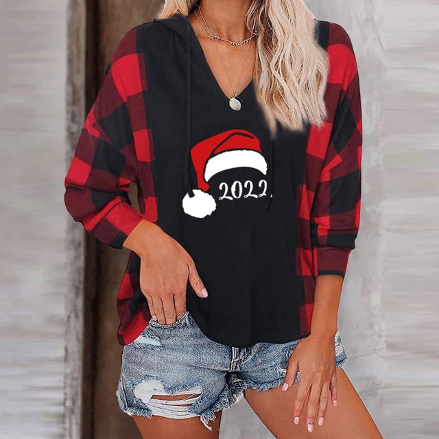 Pntutb Navidad moda mujer Casual manga larga Plaid señoras Sudadera con capucha tops blusa Pntutb Pntutb-4494