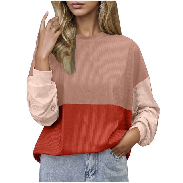 FAIWAD Long Sleeve Tops for Women Casual Loose Color Block Ribbed Knit Crewneck Pullover Trendy Work Clothes