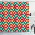 thumbnail image 1 of Geometric Shower Curtain, Vibrant Colored Grunge Rhombus Design with Cream Tone Stripes, Fabric Bathroom Set with Hooks, 69W X 84L Inches Extra Long, Dark Orange Turquoise Magenta, by Ambesonne, 1 of 3
