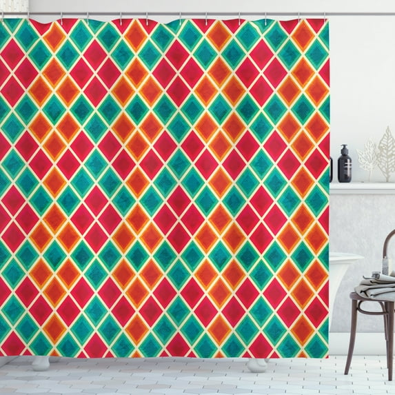 Geometric Shower Curtain, Vibrant Colored Grunge Rhombus Design with Cream Tone Stripes, Fabric Bathroom Set with Hooks, 69W X 84L Inches Extra Long, Dark Orange Turquoise Magenta, by Ambesonne