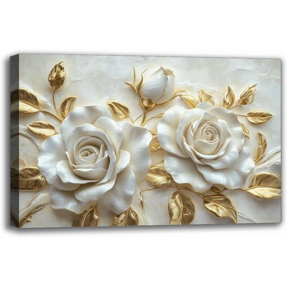 Modern Elegant White Floral & Golden Leaves Canvas Wall Art Prints - Chic Framed 3D Texture Painting Wall Decor for Living Room Bedroom Bathroom Office & Cafe Ready to Hang (24W X 16L)