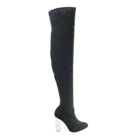 - Blossom23 by Wild Diva, Black Suede OTK Over Knee Thigh High Pull On Lucite Clear See Through Block Heel
