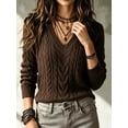 thumbnail image 4 of Women's Dark Brown V-Neck Cable Knit Sweater, Casual Long Sleeve Pullover, 4 of 8