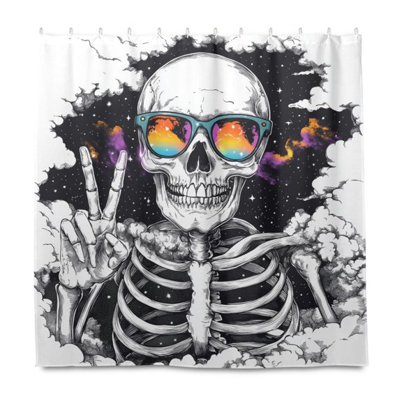 Yayeee Shower Curtain with Hooks 72"x72" Waterproof Fabric Bathroom Hanging Decor, Skeleton with Glasses