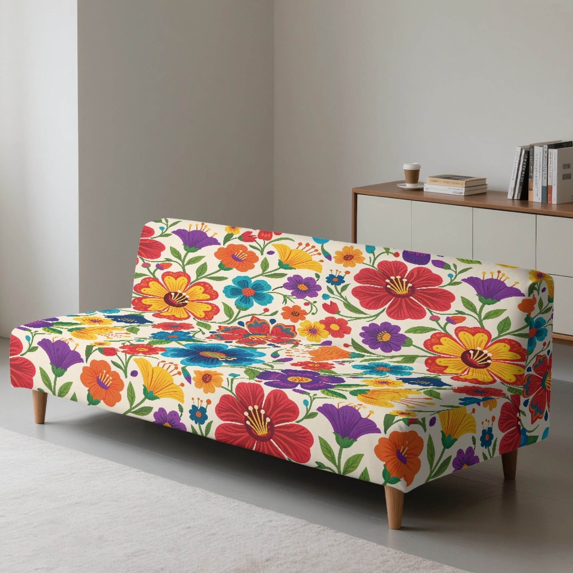 ZIATUBLES Futon Couch Cover Armless, Stretch Sofa Slipcover Dustproof Furniture Protector Elastic Non-Slip Washable for Sofa Bed, Living Room, Colorful Flower Print