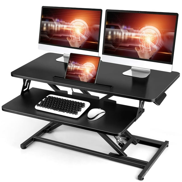 Convertisseur de Bureau Debout 32 Pouces Hauteur Réglable Bureau Assis-Debout avec Plateau de Clavier Amovible, Grand Rehausseur de Bureau Ergonomique à Ressort à Gaz Poste de Travail à Double Moniteur pour Bureau à Domicile