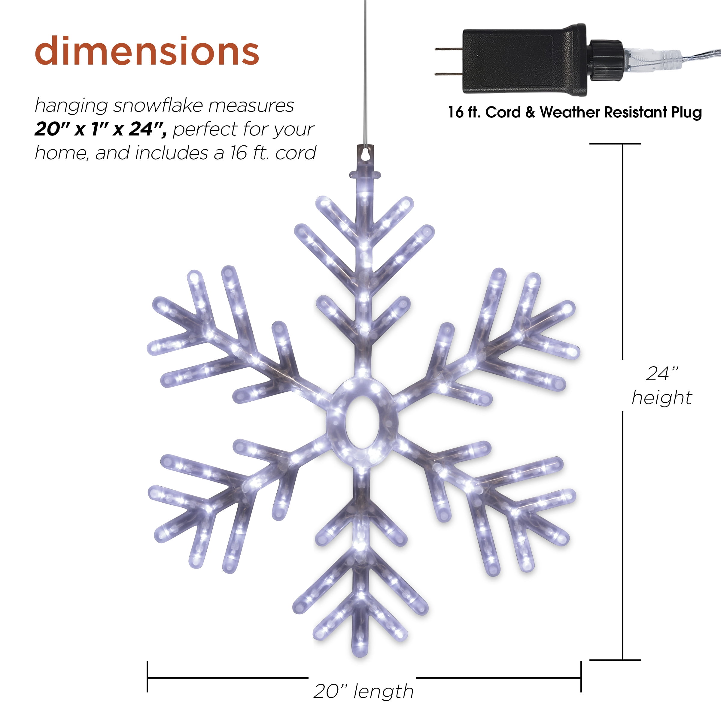 Alpine Corporation 20" x 24" Hanging Light-Up Snowflake Holiday Decoration, White