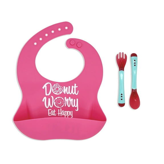 Silicone Pocket Bib for Baby with Matching Spoon and Fork, Pink