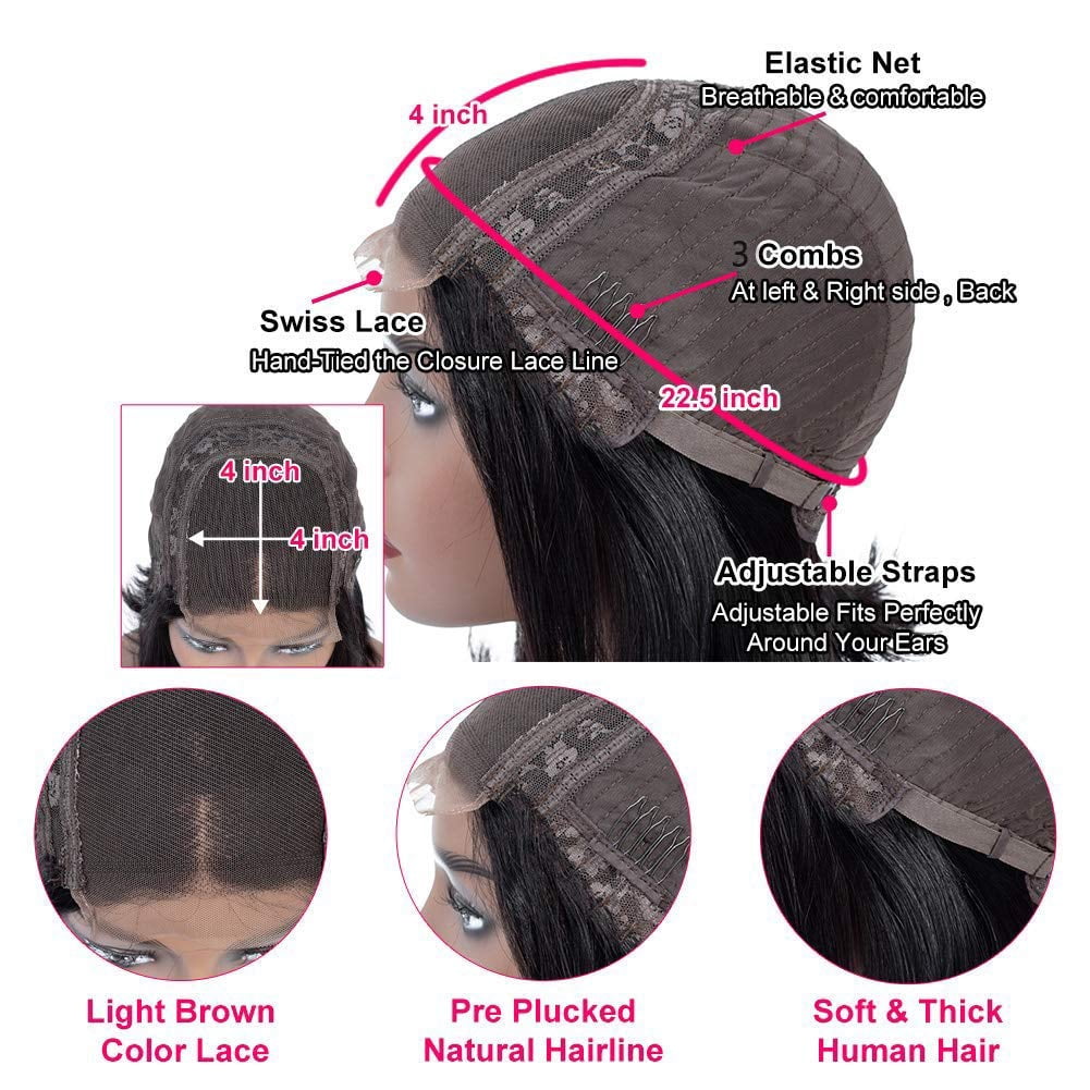 Deep Wave Human Hair Wig 4x4 Closure Glueless Wigs Human Hair Pre Plucked Pre Cut Lace Closure Glueless Wigs Elastic Band 200% Density Natural Color