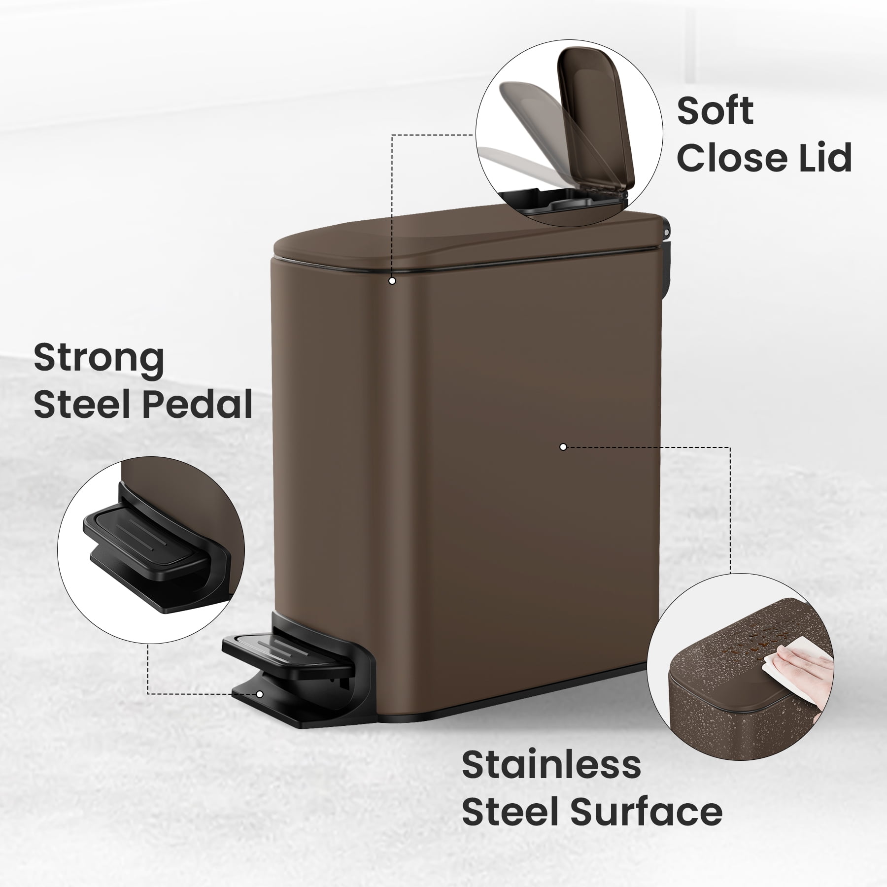 Cesun 1.6 Gallon Small Bathroom Trash Can, Stainless Steel Garbage Bin with Lid, Brown