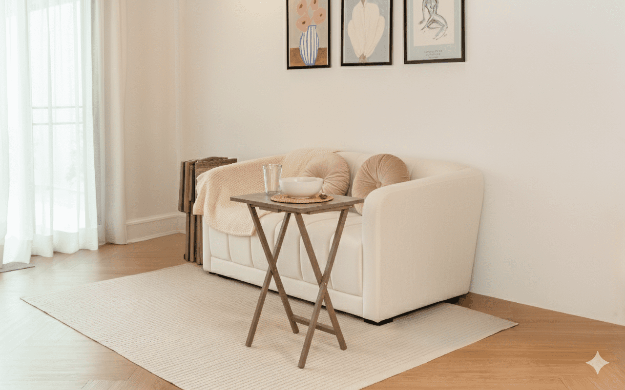 Mainstays 5-Piece Rubberwood Folding TV Tray Table Set of 4 with Storage Rack, Rustic Gray