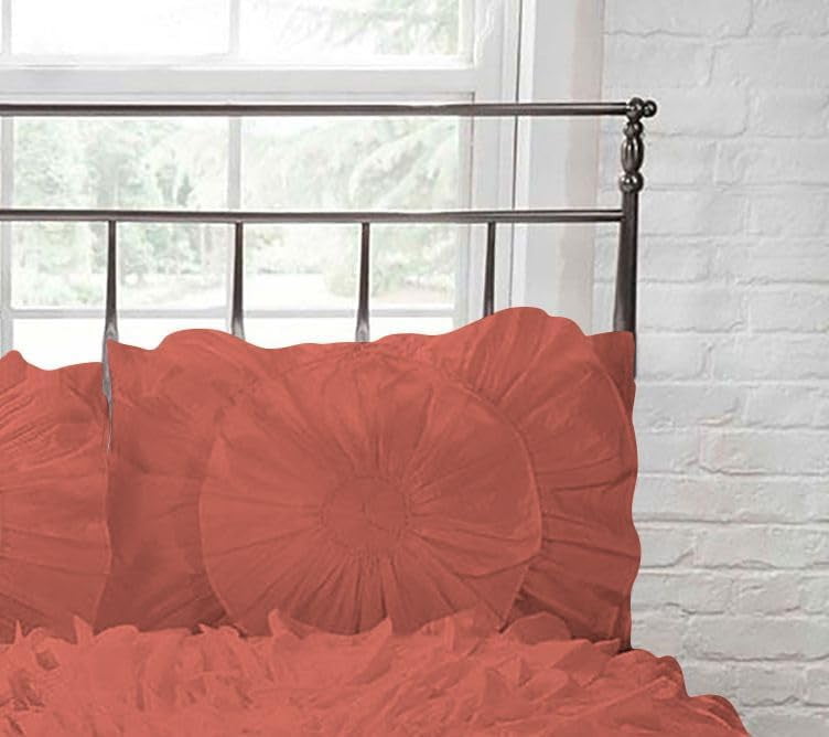 D.N.G. BEDDINGS 5 Piece 100% Egyptian Cotton Circle Ruffle Comforter Set, 550 GSM Filled Microfiber - Oversized Super King Size, Brick Red Color - 800 Thread Count