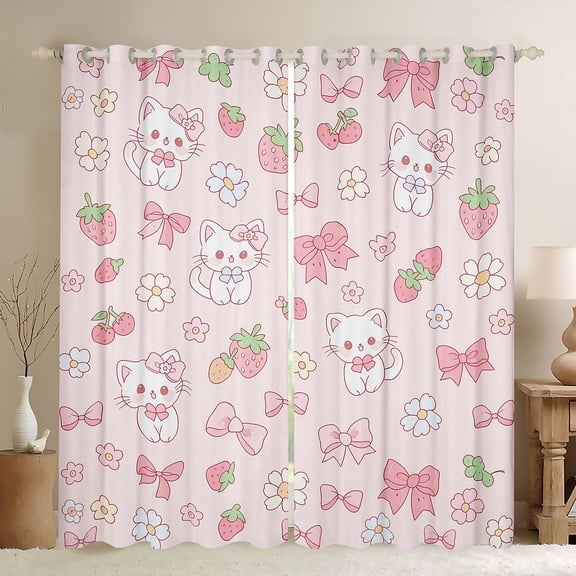 Erosebridal Bowknot Cat Strawberry Black Out Curtains for Girls, Cute Groovy Flower Curtains Pack of 2 (42x63 Each)
