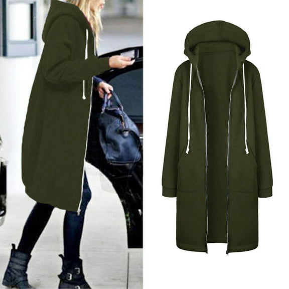 Labakihah coats for women Women Zipper Open Hooded Sweatshirt Long Coat Jacket Tops Outwear Army Green L