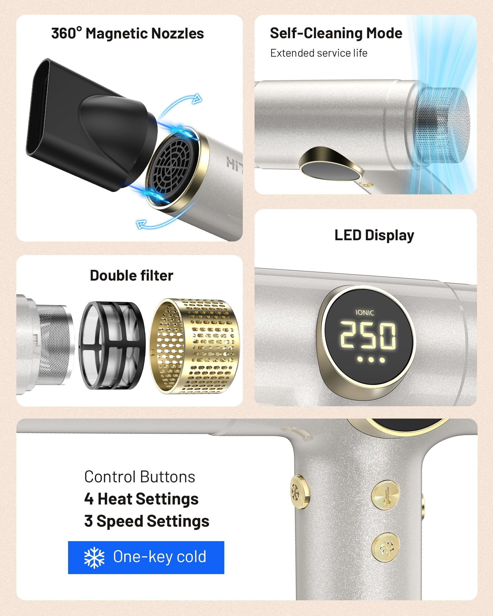 Dual Voltage Travel Hair Dryer Ionic Technology Rapid Drying Diffuser Attachment Lightweight Low Noise 360 Swivel Cord For All Hair Types