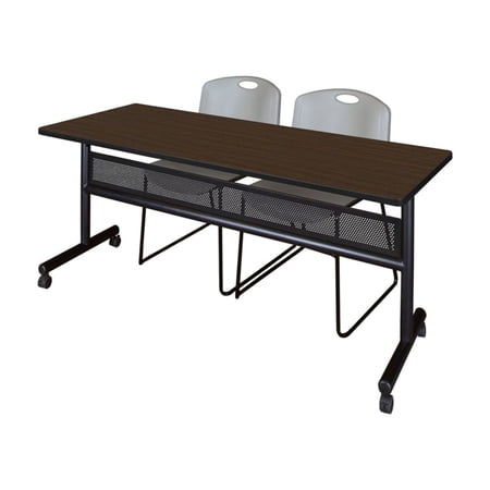 Regency Kobe 72 x 24 in. Flip-Top Privacy Nesting Table- Neo Walnut 2 Zeng Stack Chairs- Grey