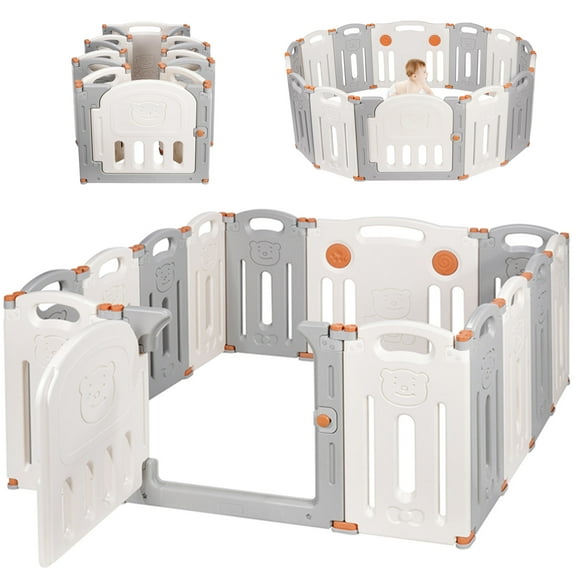 Foldable Baby Playpen, 14-Panel Playard Gates Kids Safety Activity Play Center with Locking Gate, Adjustable Shape