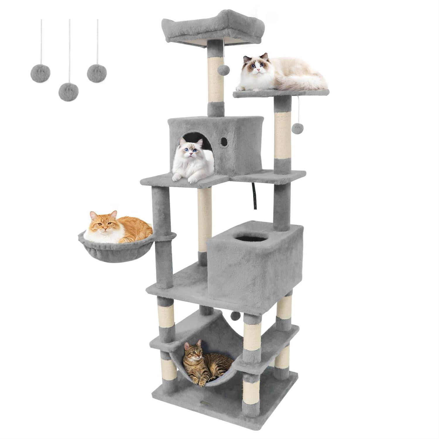 Pefilos 66" Tall Multi-Level Cat Tree, 2 Condos & Sisal Scratching Posts, Dangling Balls & Anti-Toppling, Light Gray