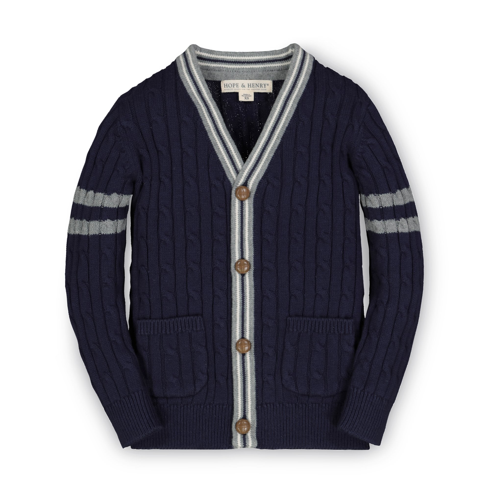 Hope & Henry Boys' Long Sleeve Cable Knit Cardigan Sweater with Stripe