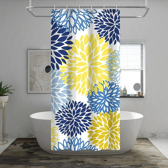 Dahlia Flower Shower Curtain, Floral Bathroom Decor, Waterproof Polyester Fabric Yellow Navy Blue Set, with 12 Hooks 36 x 72 Inches