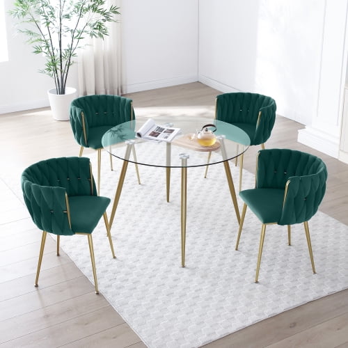 Set of 2 Modern Velvet Dining Chairs with Woven Backrest & Golden Metal Legs – Upholstered Accent Chairs for Dining Room, Kitchen, Living Room, Bedroom, Vanity, Green