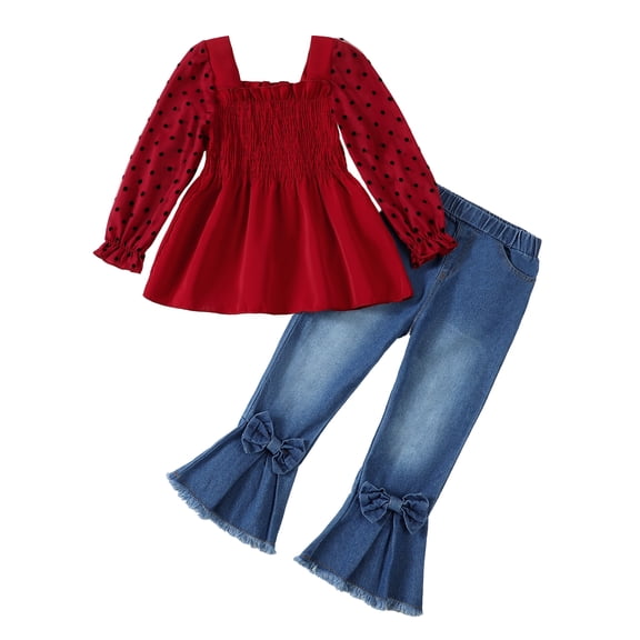KIMI BEAR Toddler Girls Pant Sets 3-4T Toddler Girls Outfits Fall Long Sleeves Tulle Tops Flared Denim Pants 2pcs Clothing Sets Red