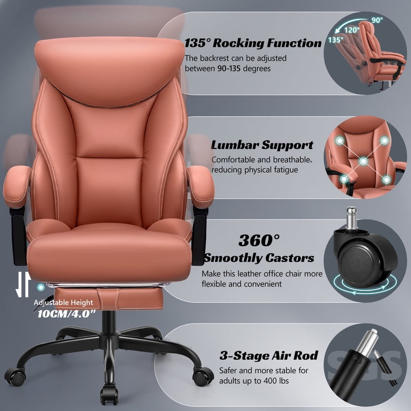 ATHOPE Leather Office Chair 400Lbs, Executive Office Chair with Footrest High Back Support, Big and Tall Ergonomic Desk Chair, Adjustment Computer Chair 360°Swivel Free, Brown