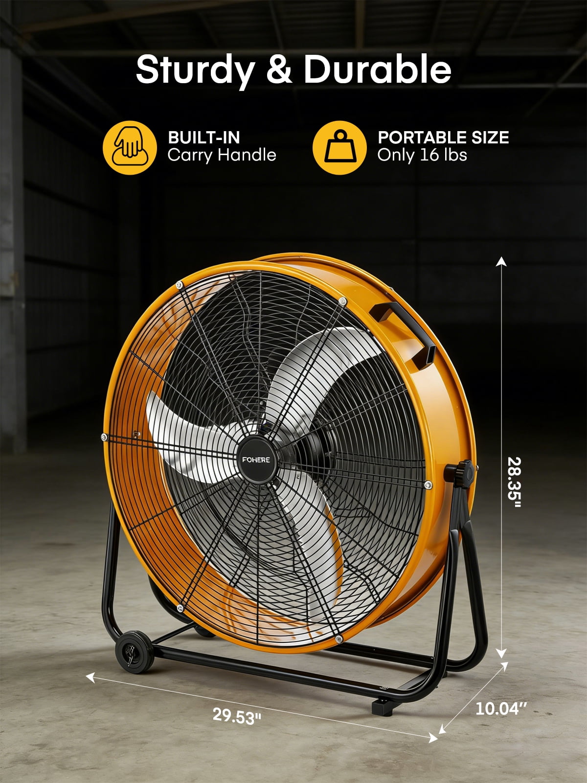 FOHERE 24 Inch High Velocity Industrial Drum Fan, 8500 CFM Heavy Duty Metal Floor Fan with Wheels, 360° Tilt 3-Speed Shop Fan, Portable Barn Fan with Wide Handle for Warehouse, Garage, Factory, Gym