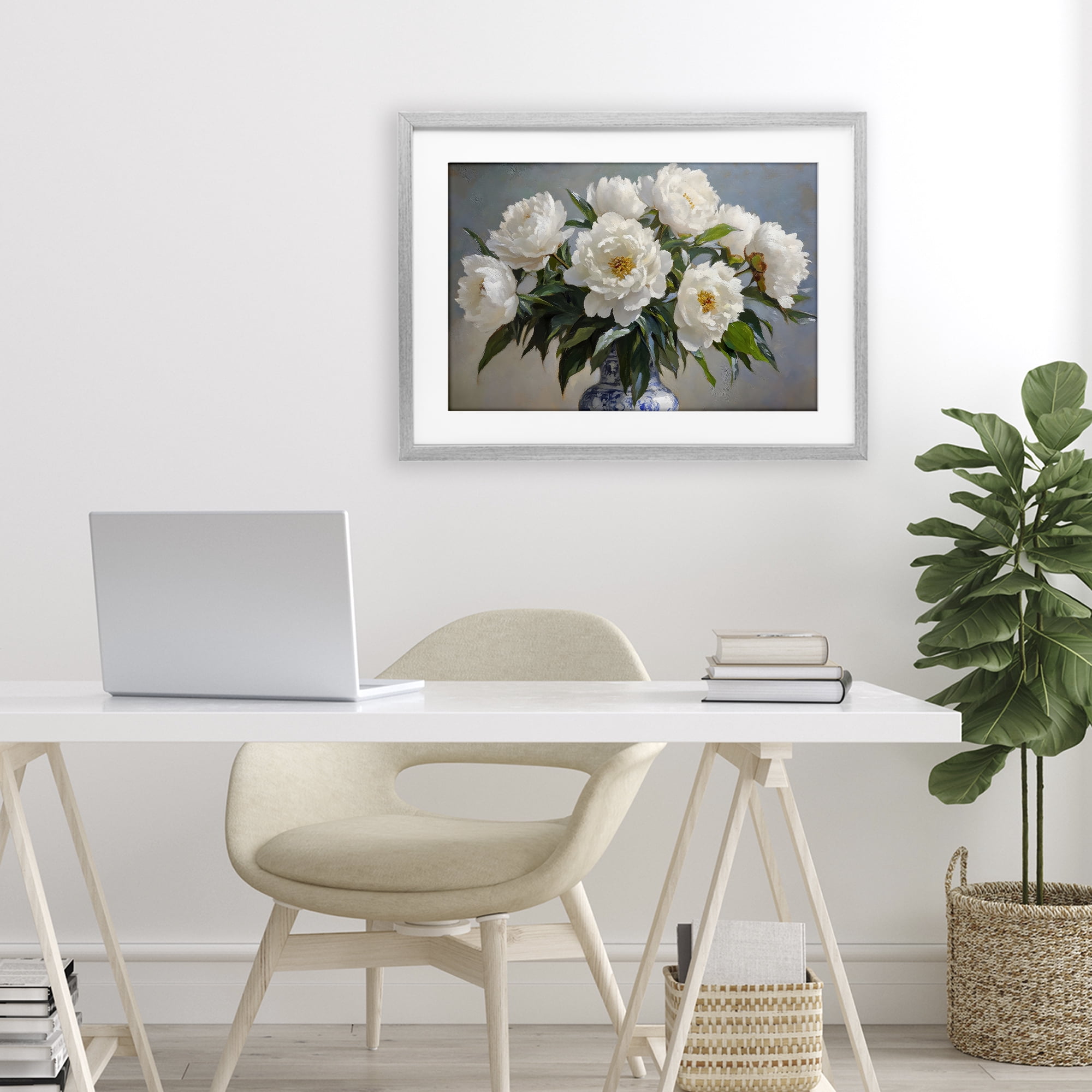 Stupell Industries In Full Bloom White Peonies Gray Framed Print Under Glass, design by Petal Prints Design